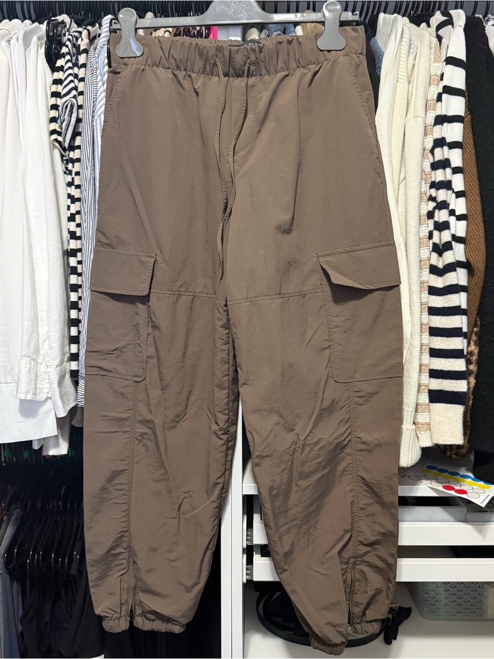 Zara Brown Taupe Cargo Parachute Jogger Pants Elastic Waist Ankle Size S